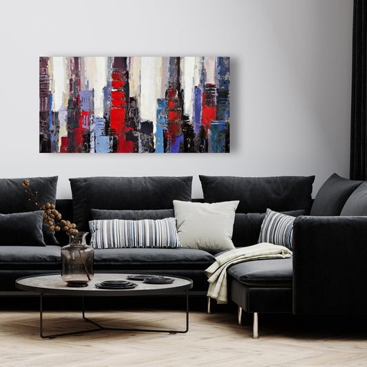 Toile abstraite de bâtiments rouges et bleus – Décoration d'intérieur