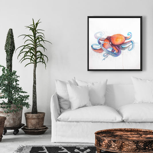Toile encadrée colorée représentant un profil de pieuvre | Décoration aquatique