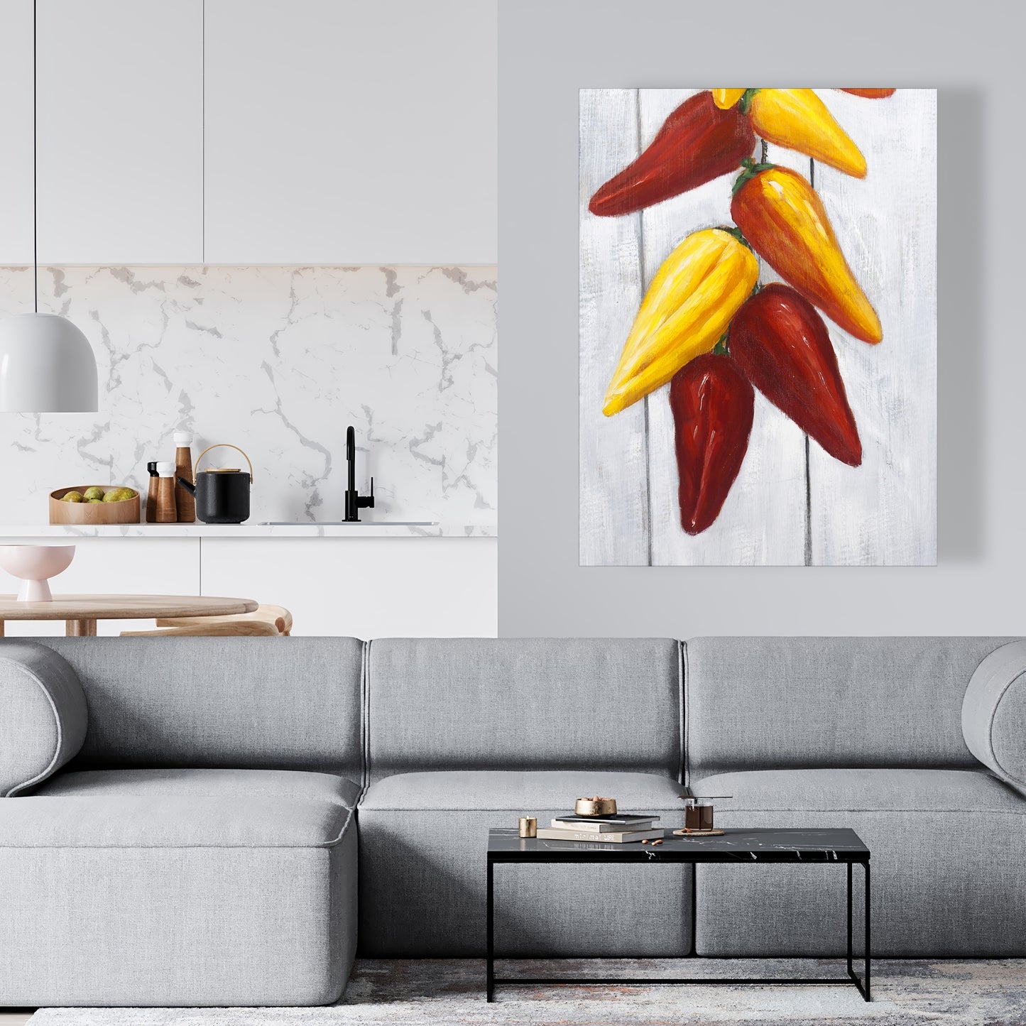 Toile jaune gastronomique | Décoration d'intérieur « Corde de piments »