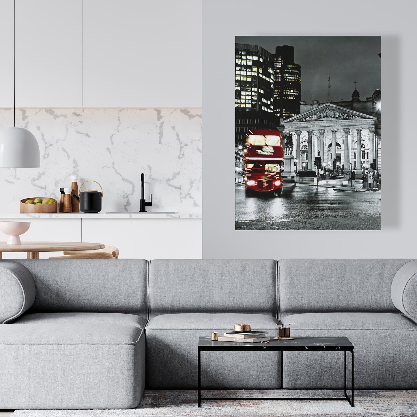 Toile de chambre à coucher « Bâtiment gris » | Panthéon en niveaux de gris, décor de bus rouge