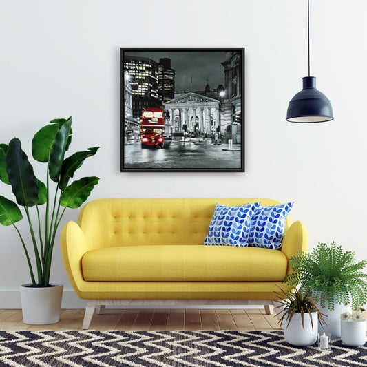 Grayscale Pantheon with Red Bus Canvas | Gray Framed Decor