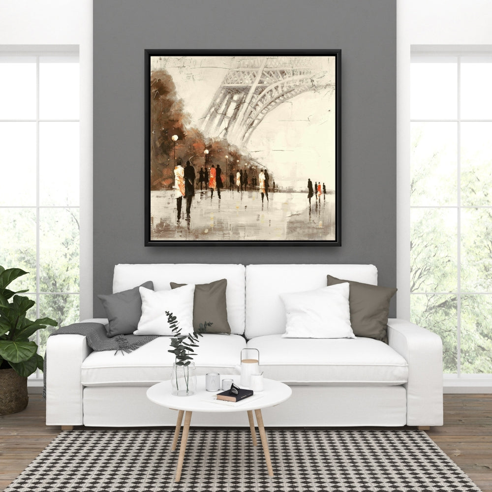 Toile de paysage de rue : Promenade de la Tour Eiffel, cadre de bâtiment marron