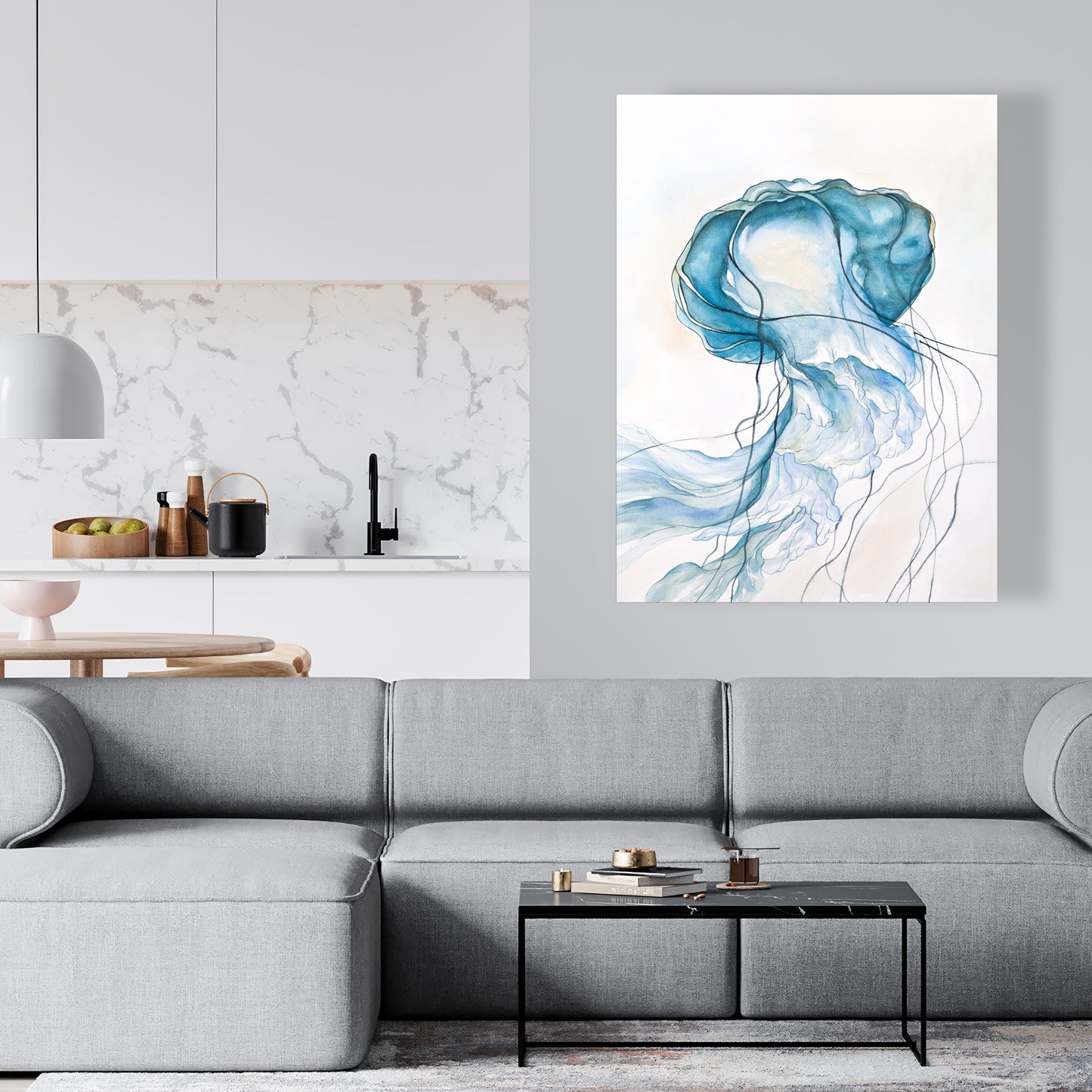 Jellyfish Moving Canvas - Blue Aquatic Bedroom Wall Art Decor