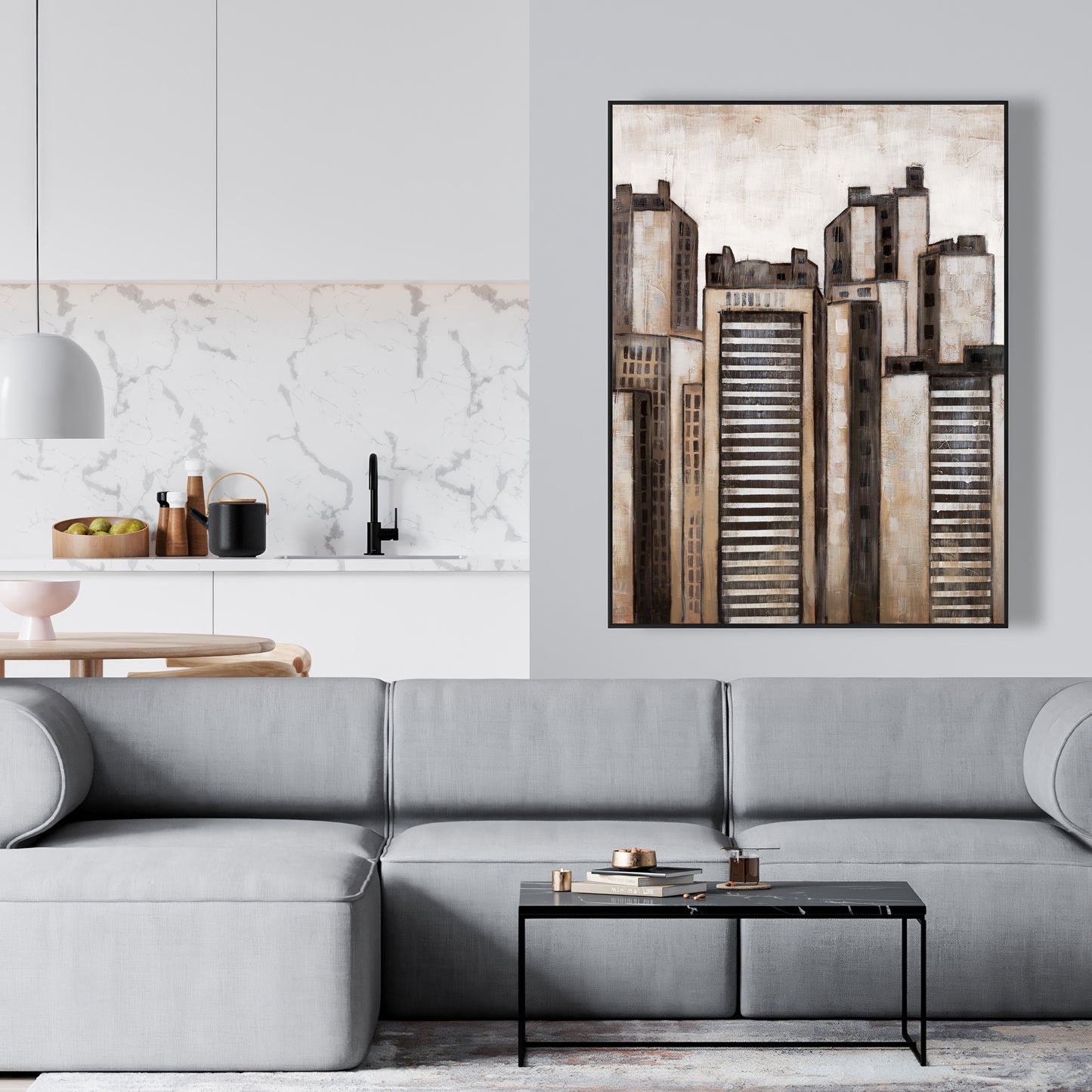 Toile encadrée « Gratte-ciels rayés » | Décoration de bâtiments urbains bruns