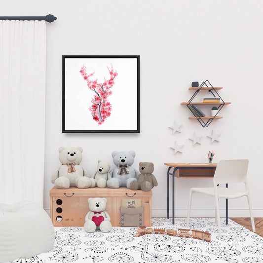 Toile rose « Cerf en fleurs de cerisier » | Décoration murale pour chambre