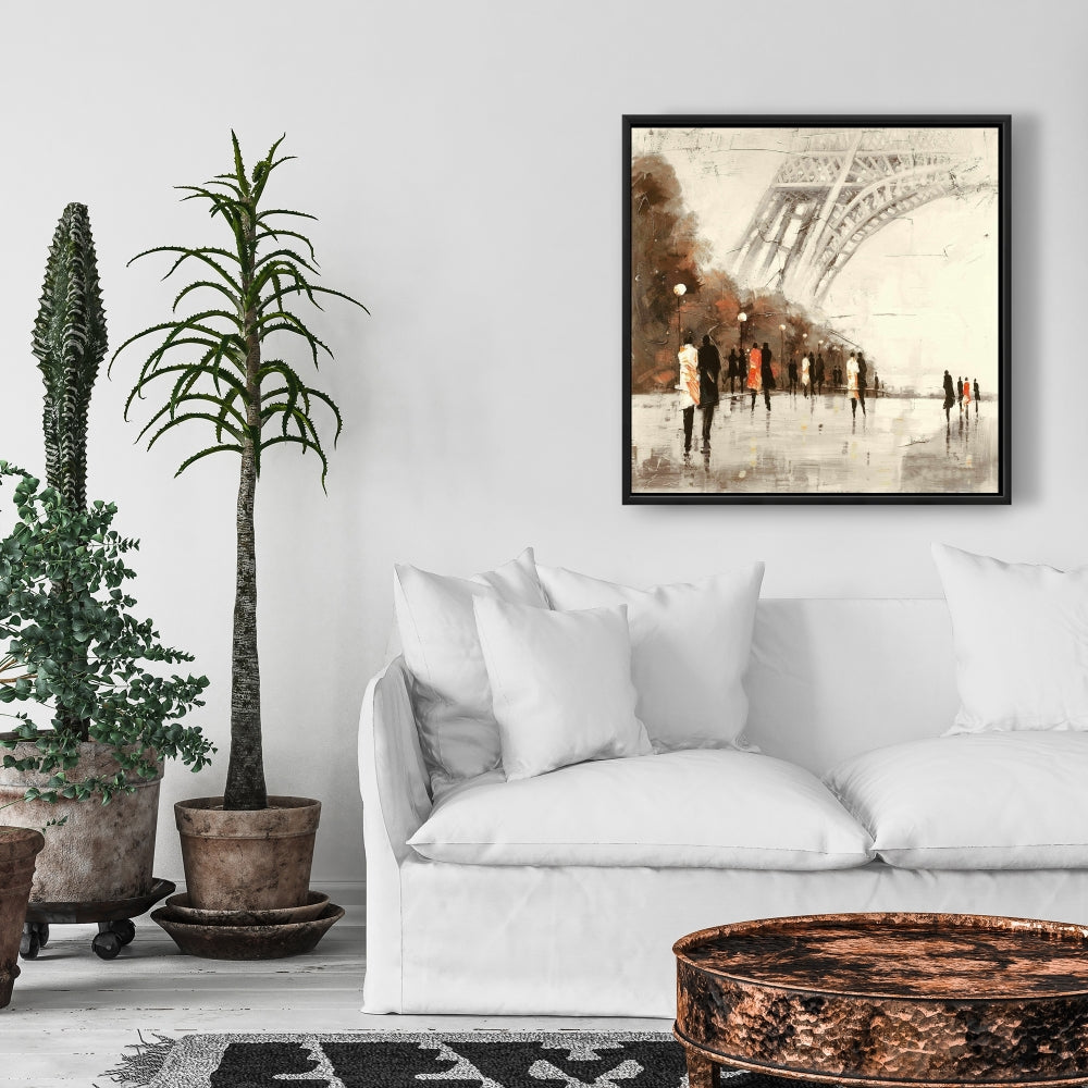 Toile de paysage de rue : Promenade de la Tour Eiffel, cadre de bâtiment marron
