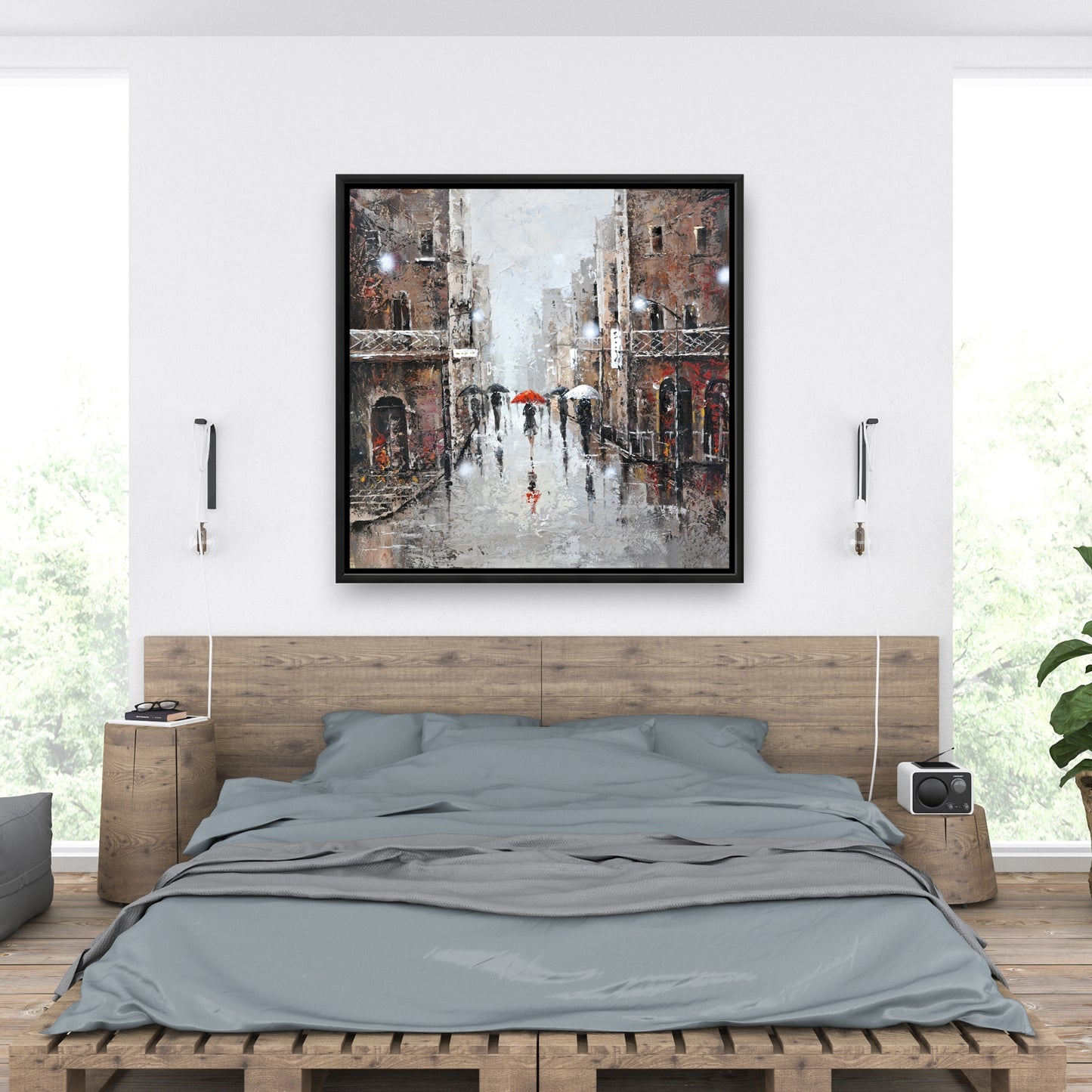 Toile City Rain - Cadre marron | Décoration murale pour chambre à coucher