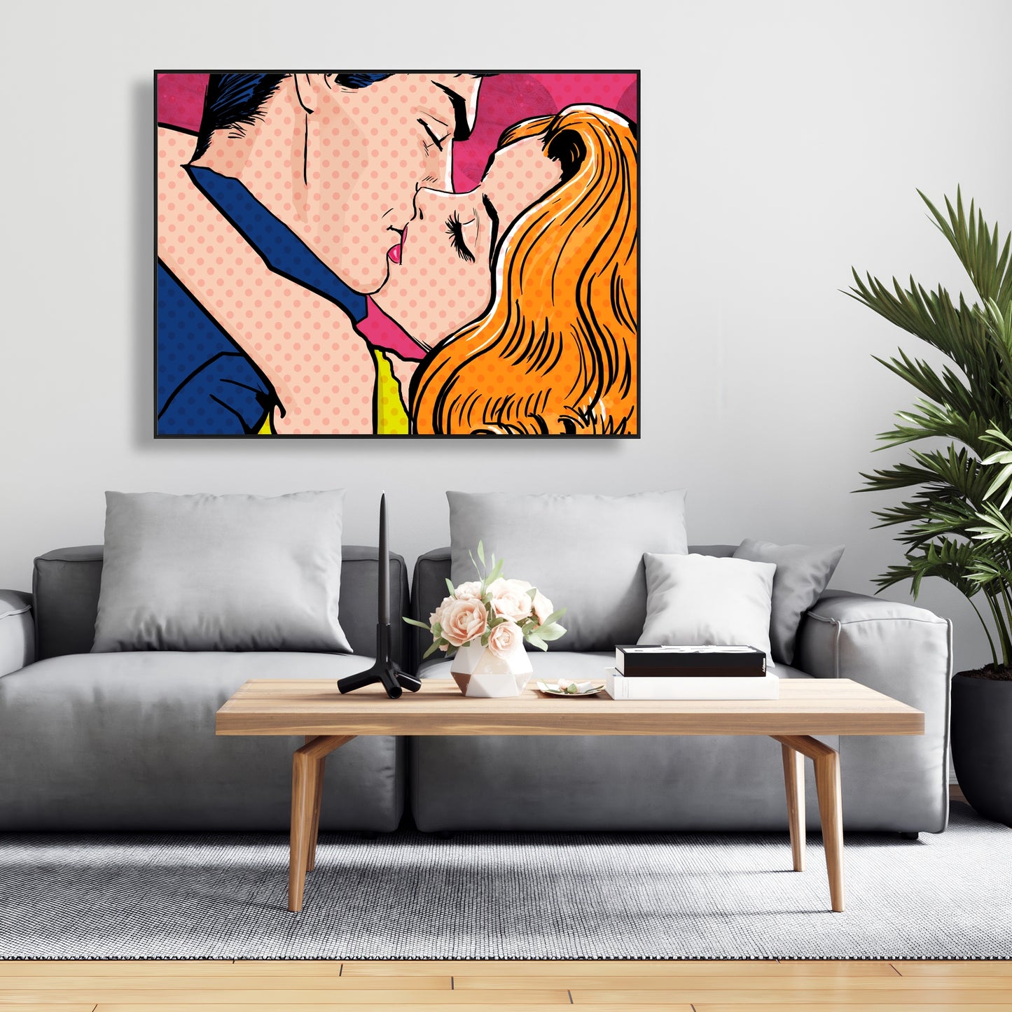 Toile de couple style Pop Art | Figurine de femme encadrée bleue