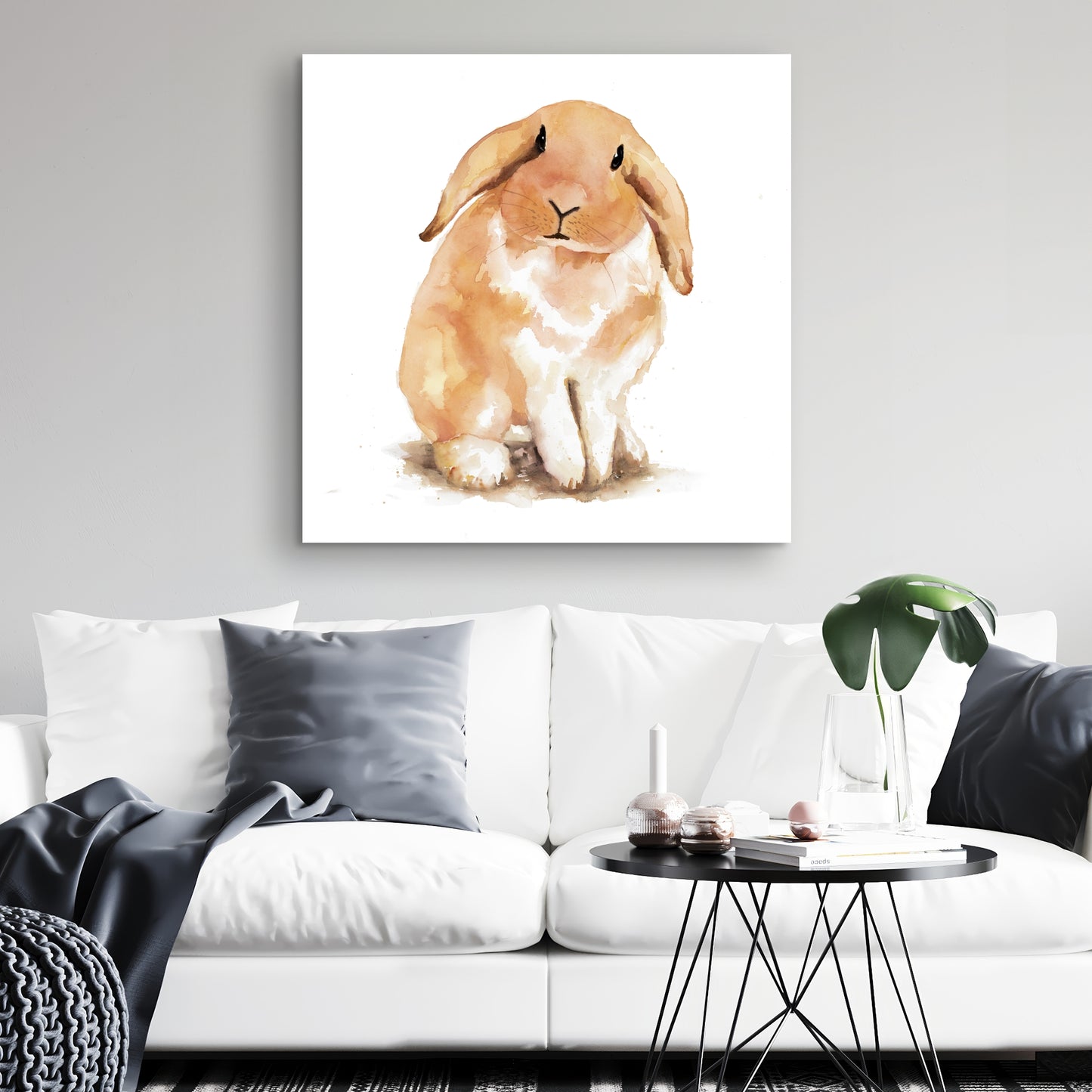 Toile représentant un lapin bélier | Décoration murale animalière orange pour chambre à coucher