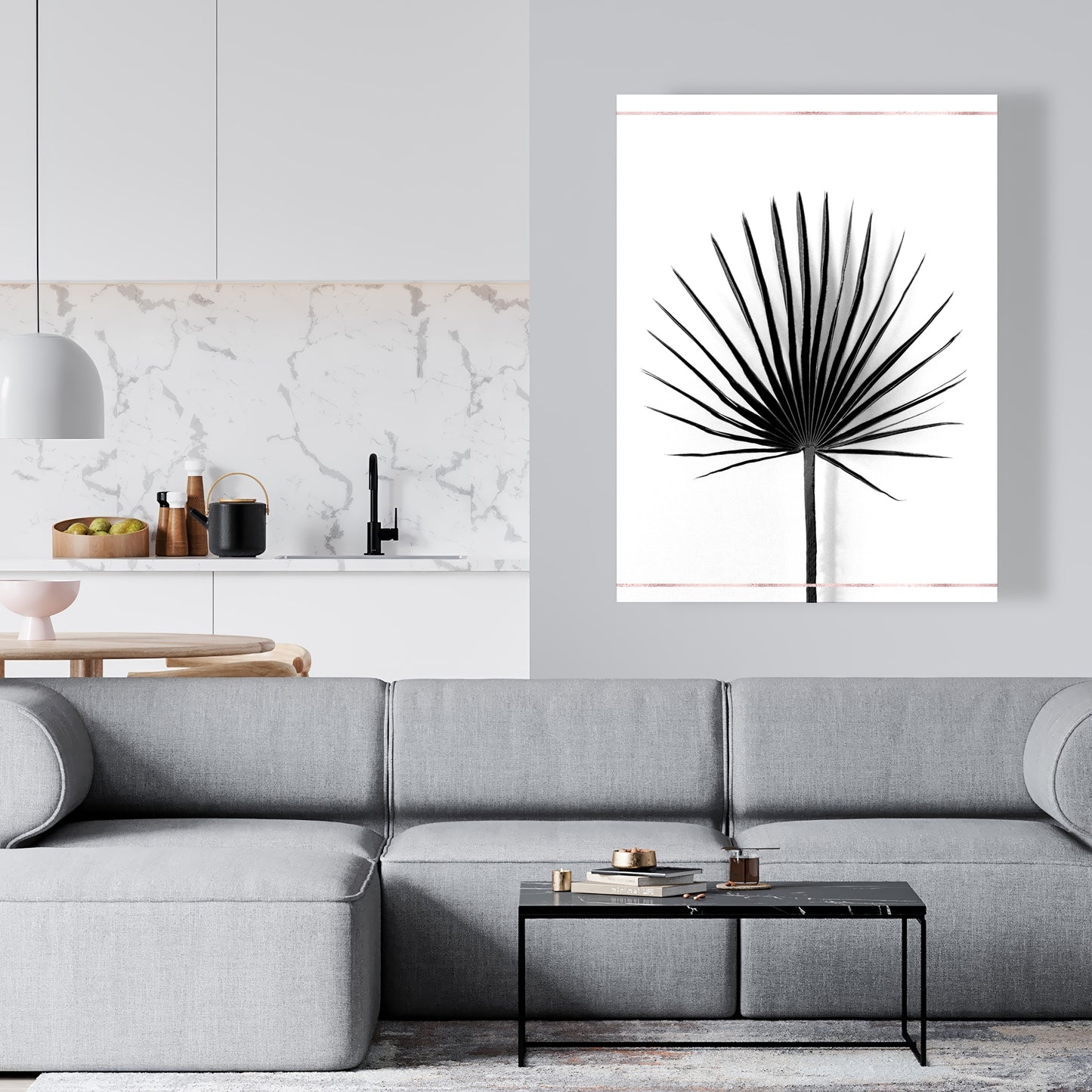 Toile à motif de feuilles de palmier chou | Décoration de salon botanique blanche