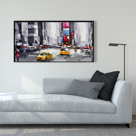 Toile abstraite de rue – Cadre bleu | Décoration murale Taxis jaunes