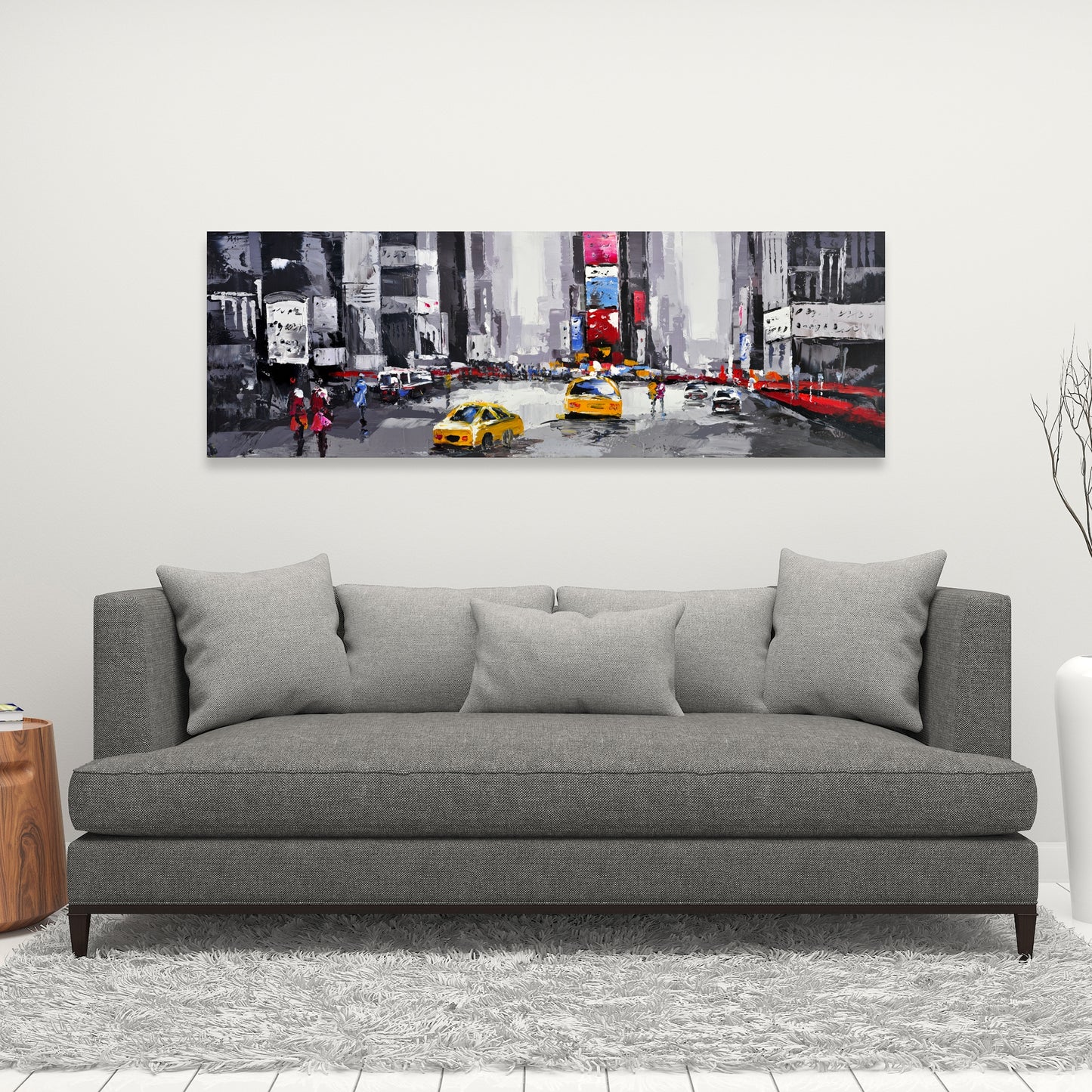 Rue abstraite avec taxis jaunes – Toile bleue pour décoration de chambre