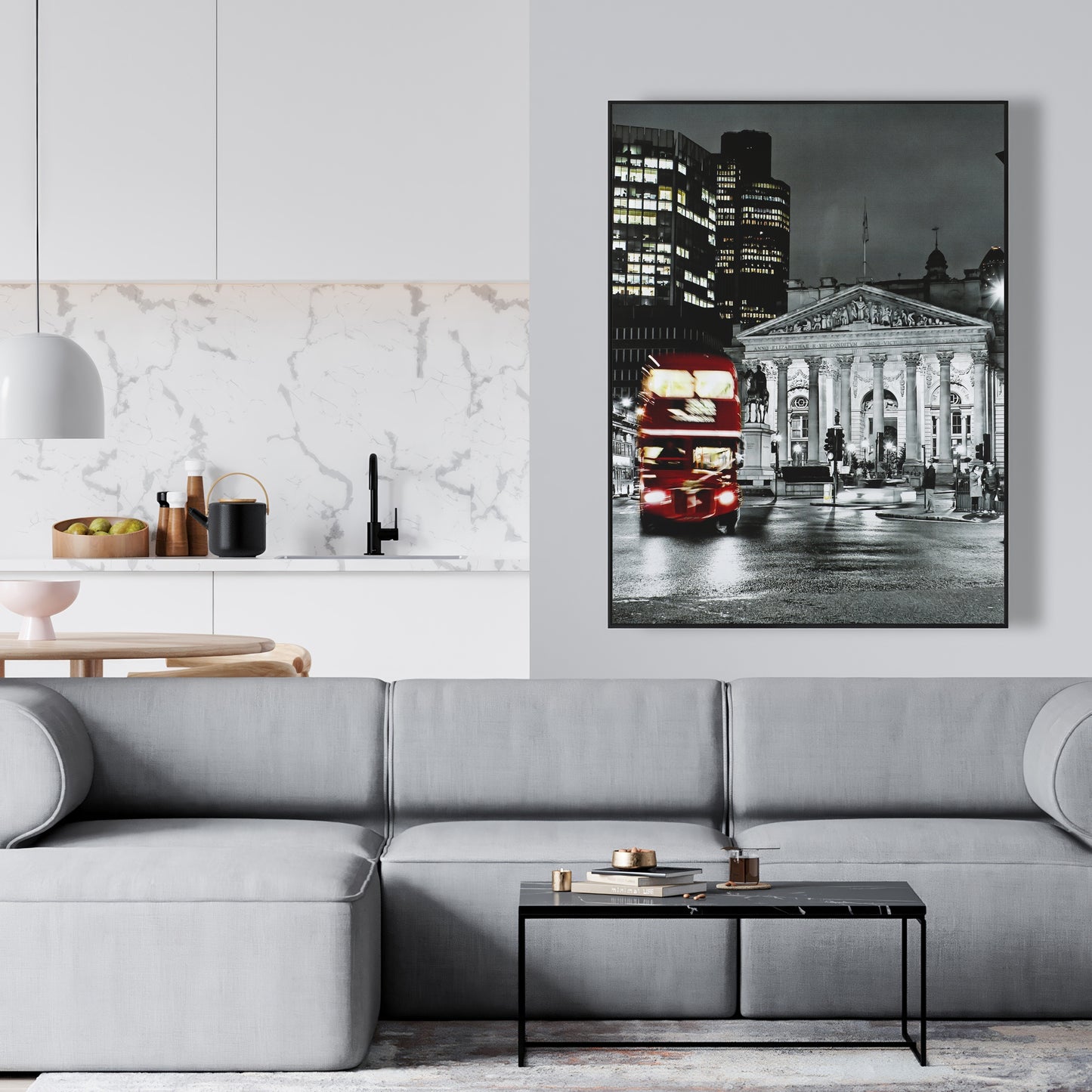 Grayscale Pantheon with Red Bus Canvas | Gray Framed Decor