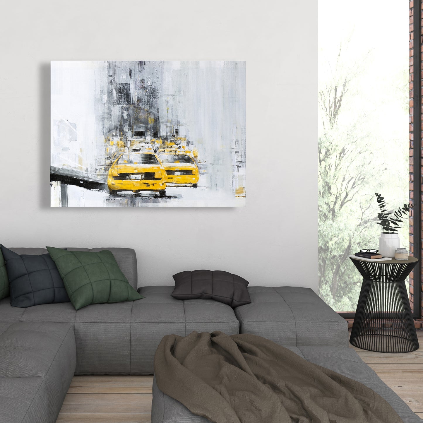 Toile Pont de Brooklyn jaune avec taxis - Décor gris industriel