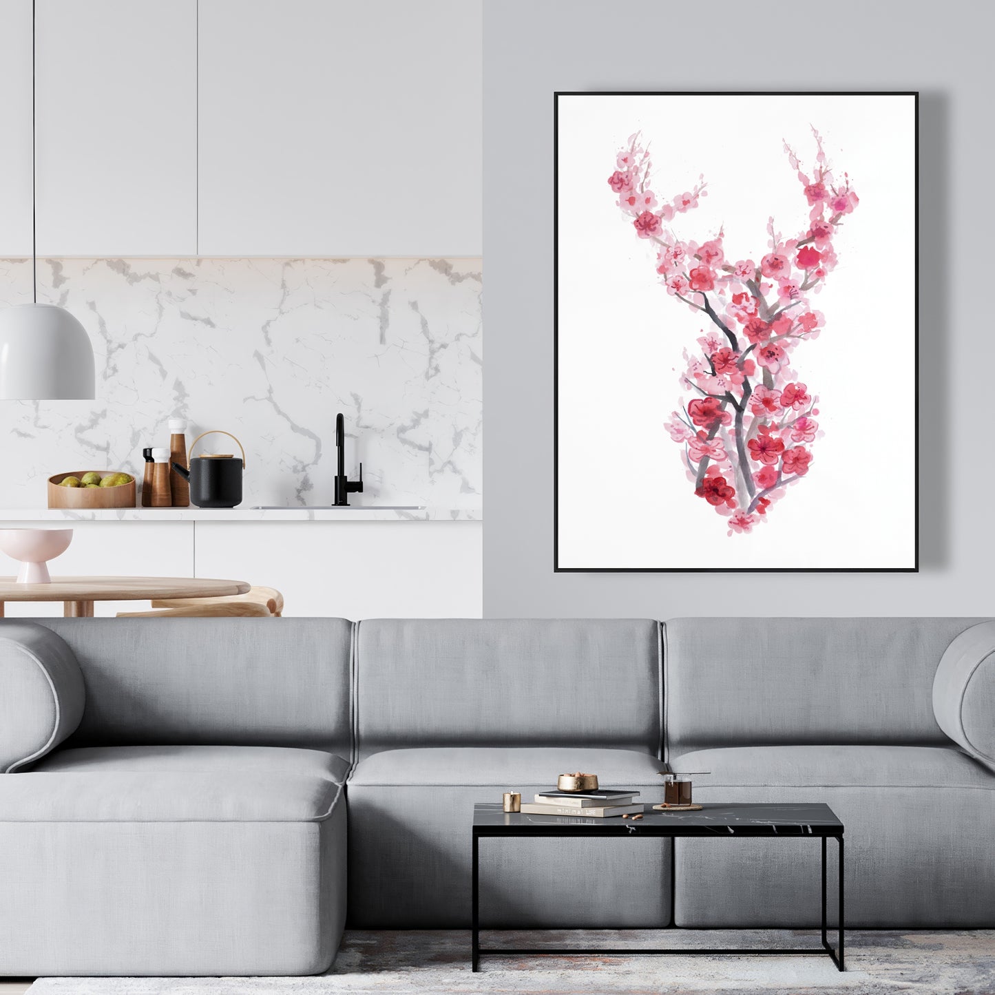 Toile rose « Cerf en fleurs de cerisier » | Décoration murale pour chambre