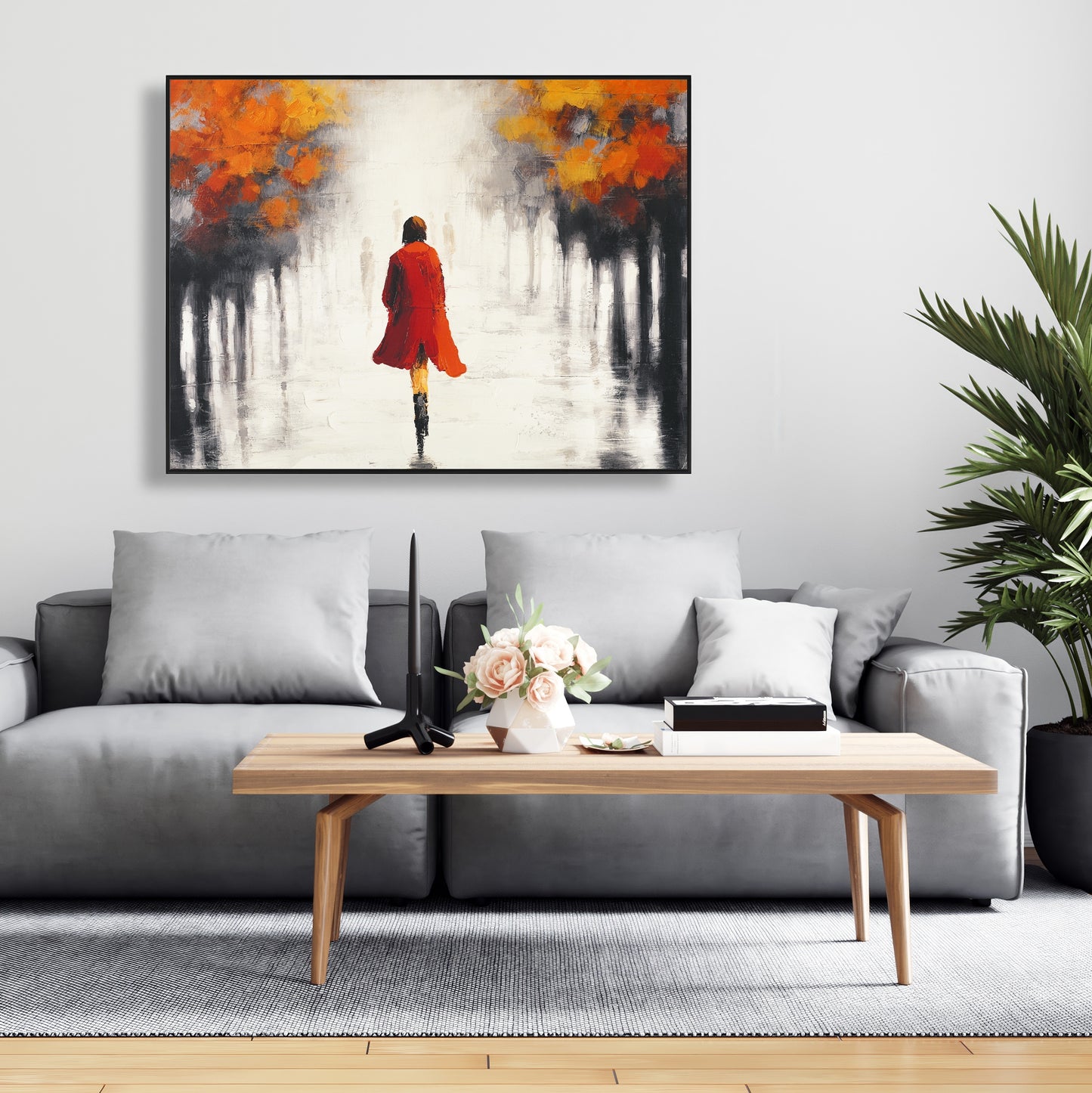 Toile Paysages gris et arbres | Décoration murale Femme en manteau rouge