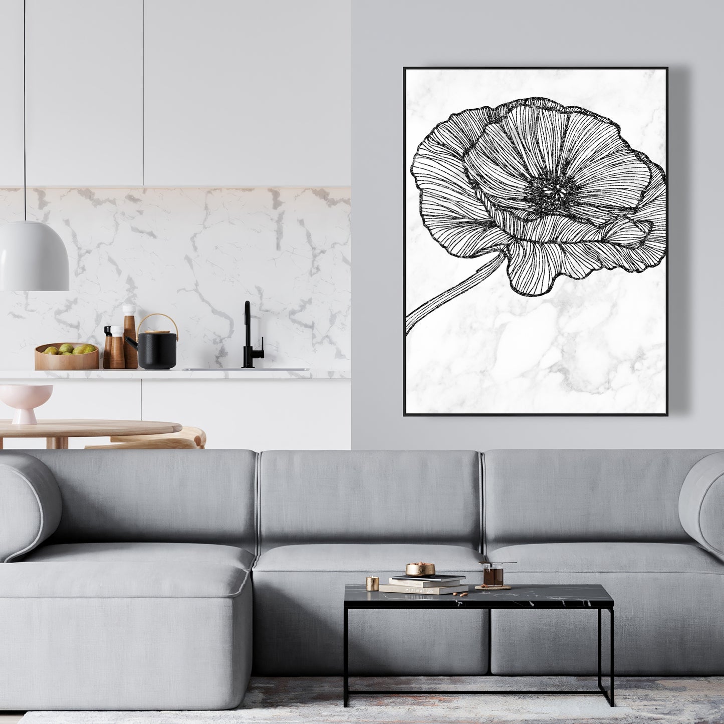 Toile à motif de coquelicots lumineux | Cadre monochrome blanc