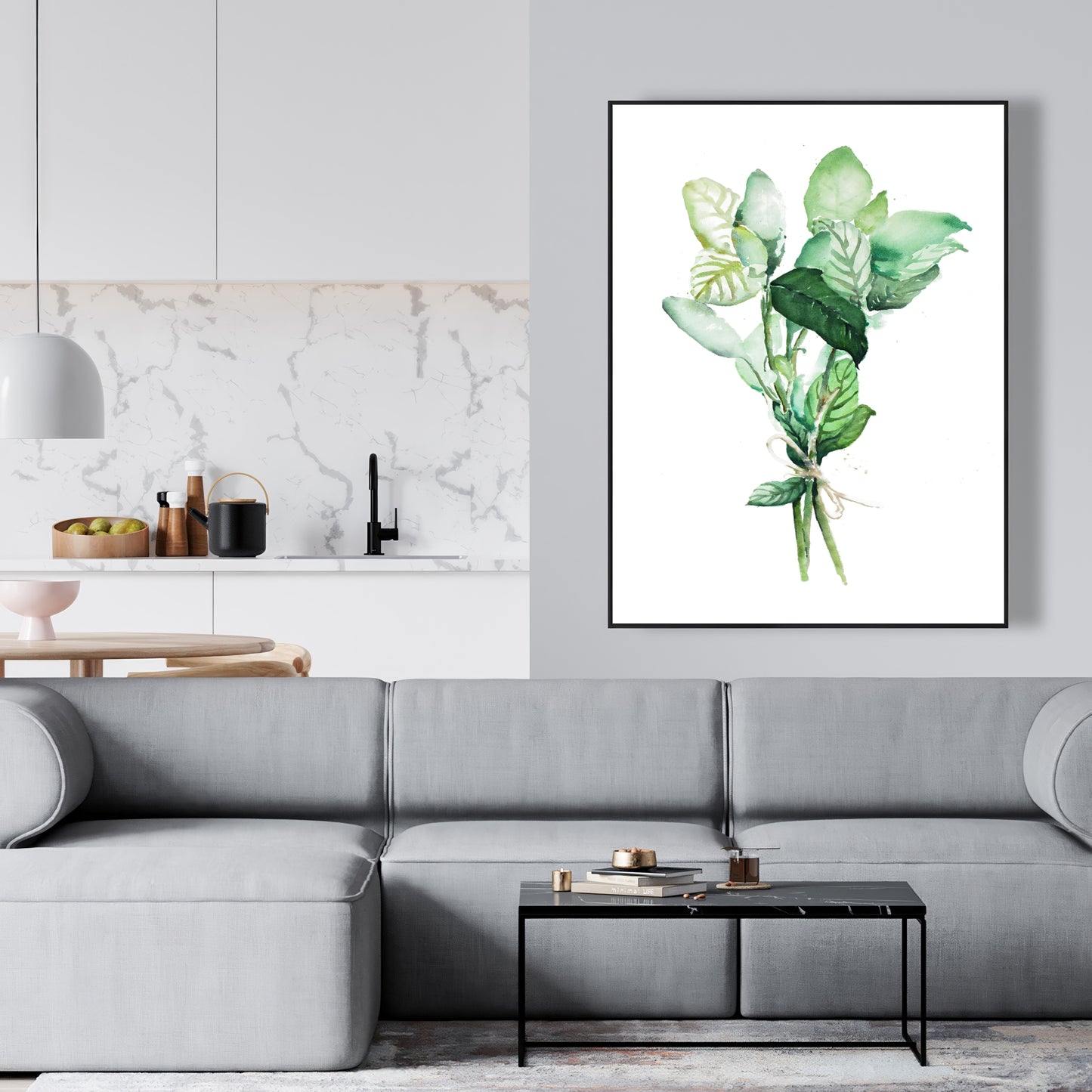 Bouquet de feuilles de basilic attachées | Toile encadrée à feuilles blanches