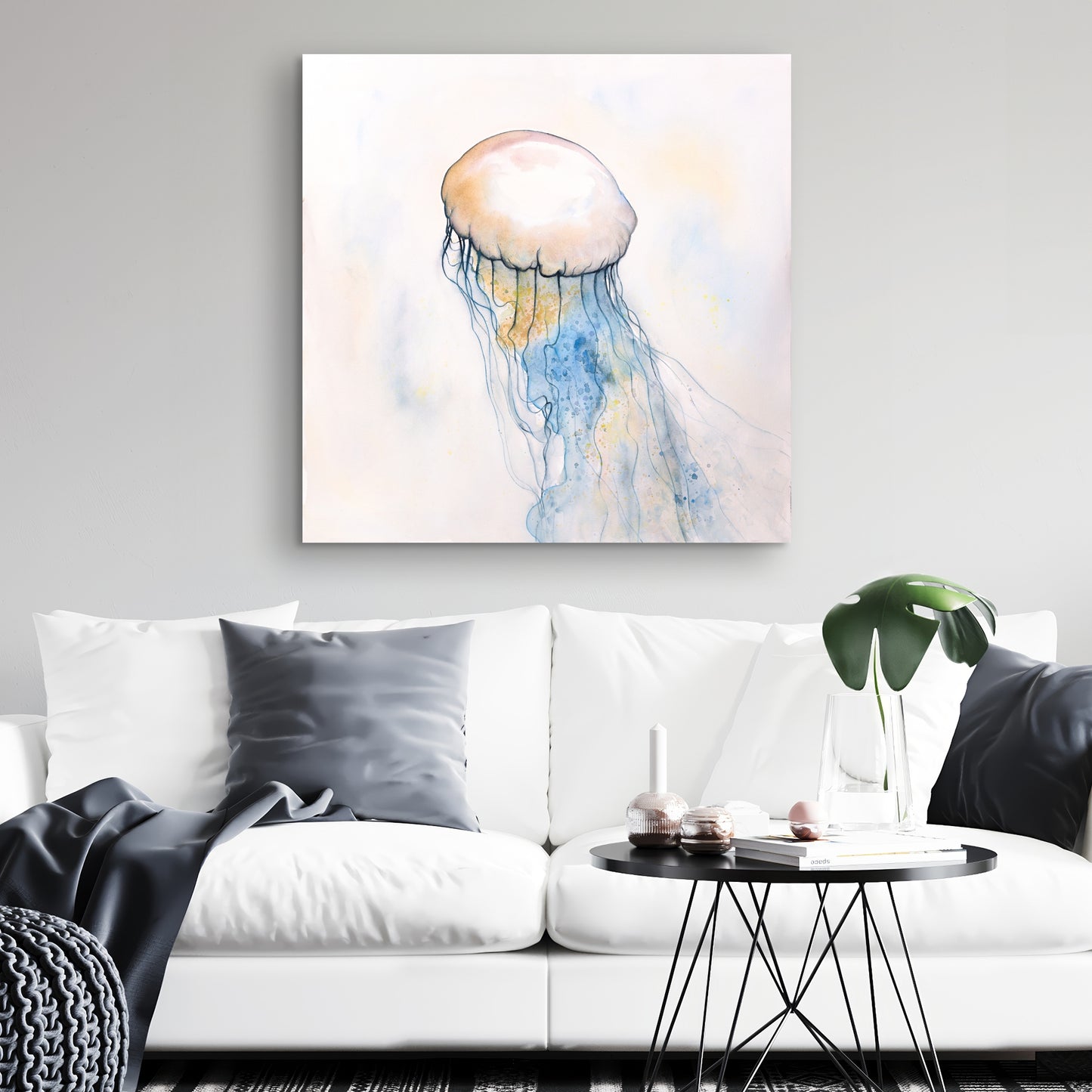 Watercolor Jellyfish Canvas | Blue Marine Home Decor Art