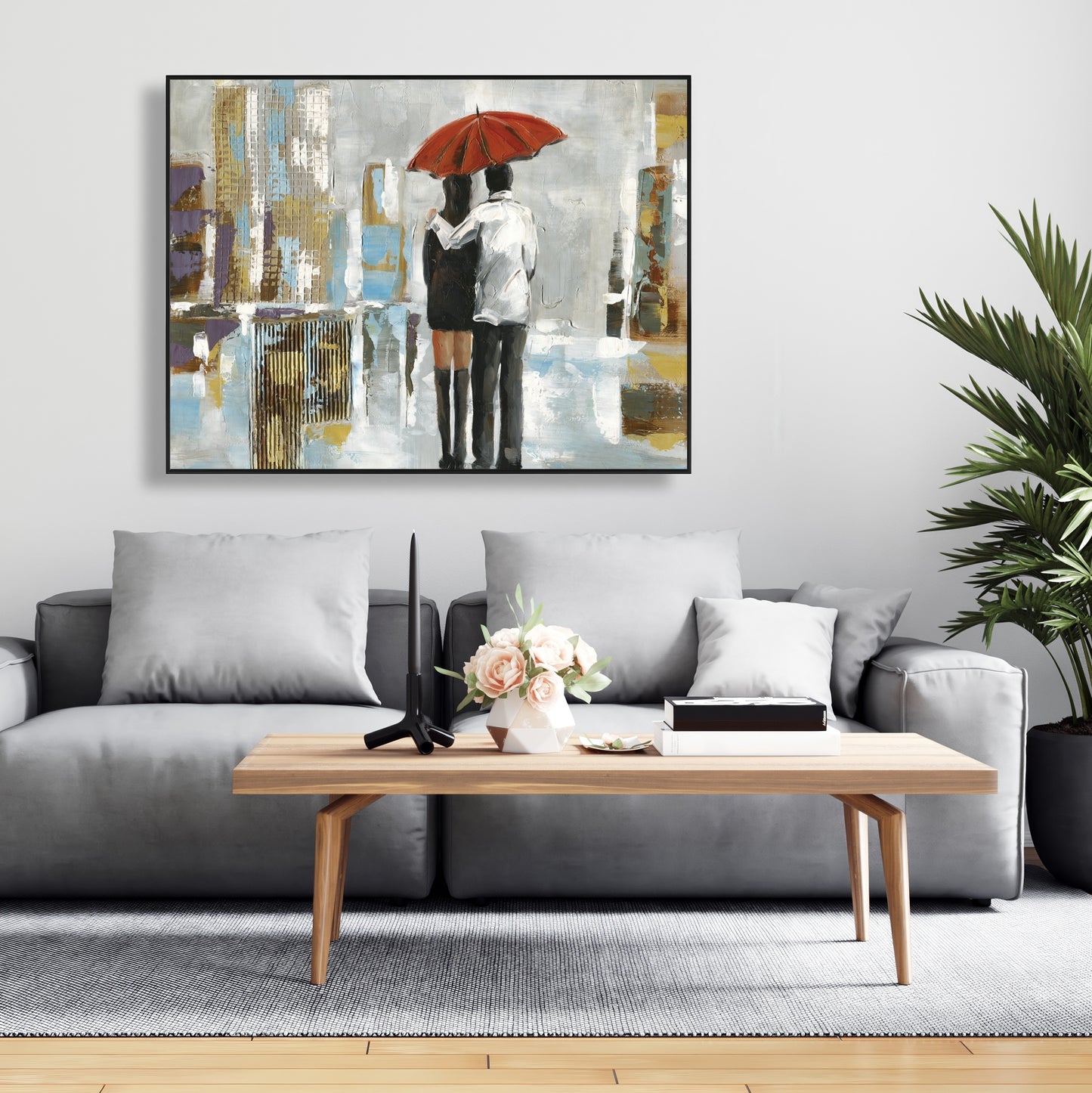 Couple marchant sous un parapluie | Toile encadrée abstraite