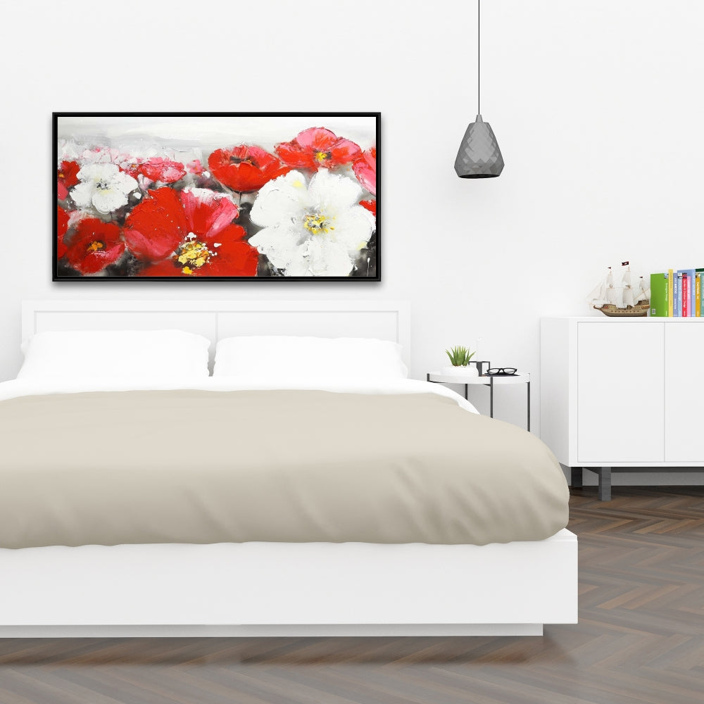 White Contemporary Framed Canvas | Red and White Flowers Field