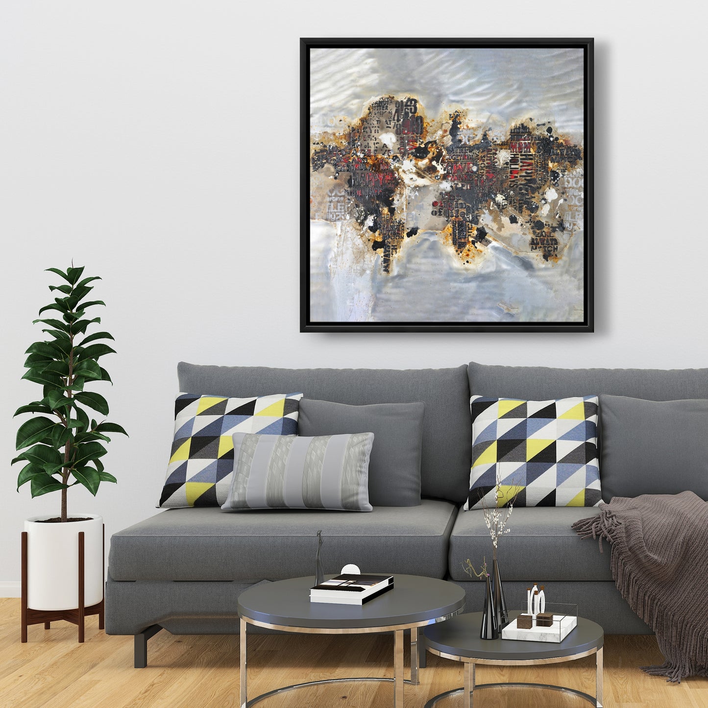 Carte du monde texturée sur toile | Décoration encadrée moderne marron