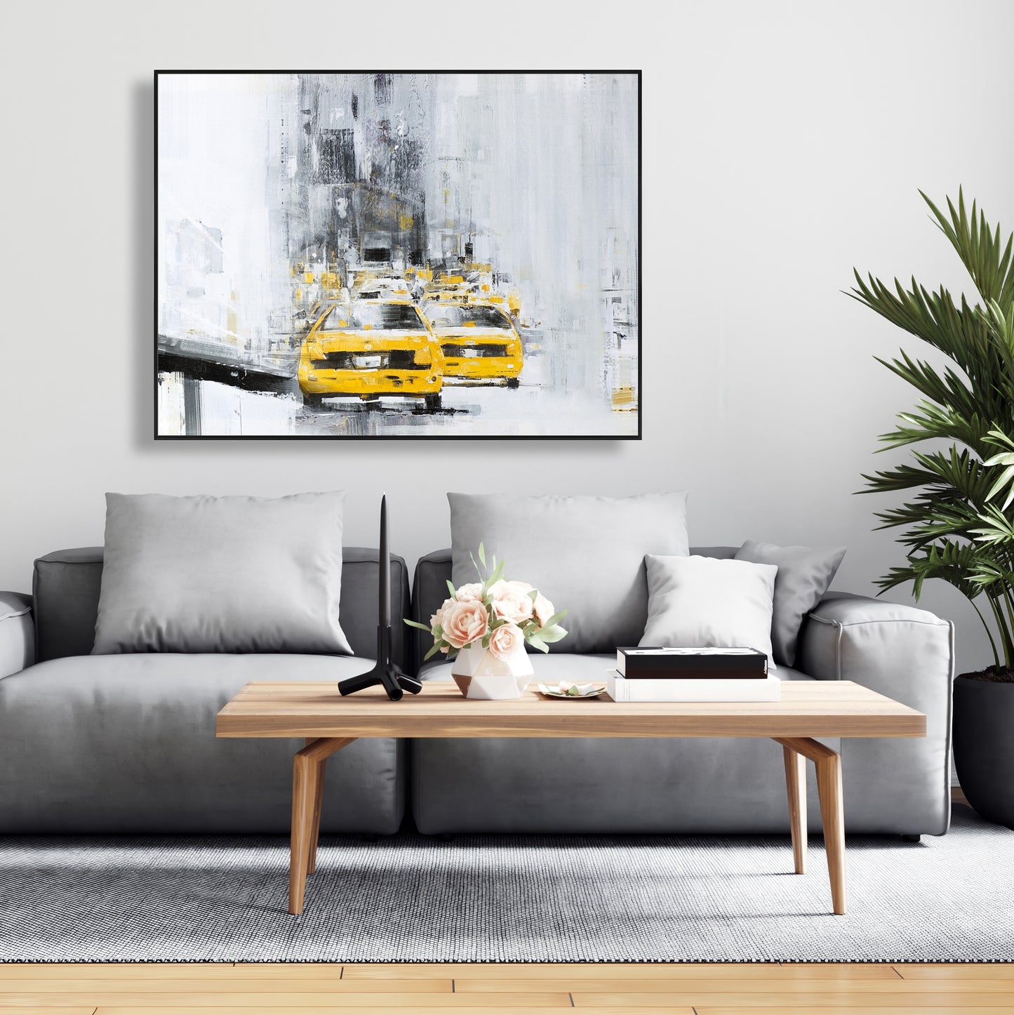 Toile « Pont de Brooklyn jaune avec taxis » | Cadre gris