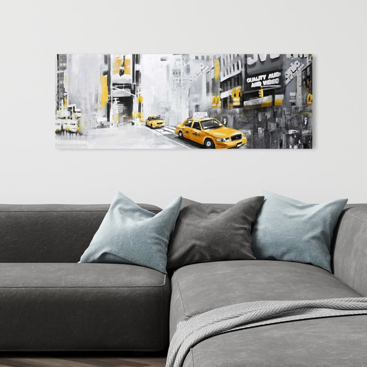 Toile de chambre à coucher Gray Building – Décor de New York avec taxis