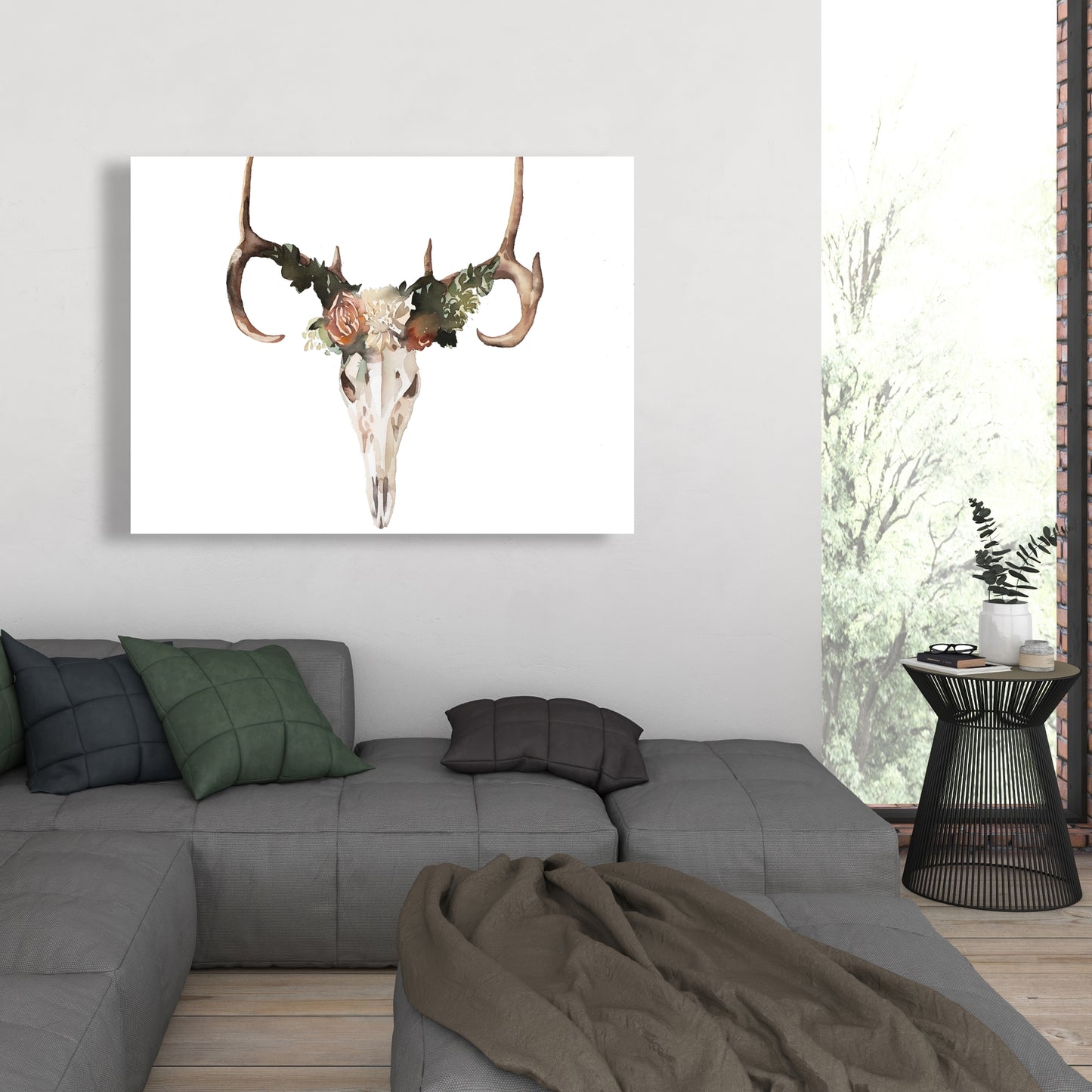Rustic Deer Skull Canvas with Roses - Bedroom Wall Decor