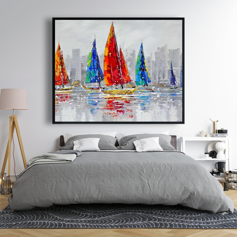 Toile Bateaux colorés | Décoration contemporaine avec cadre bleu