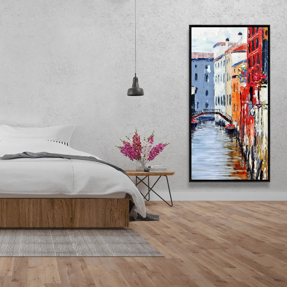 Toile encadrée représentant le Grand Canal de Venise, une chambre à coucher, un bateau et des villes