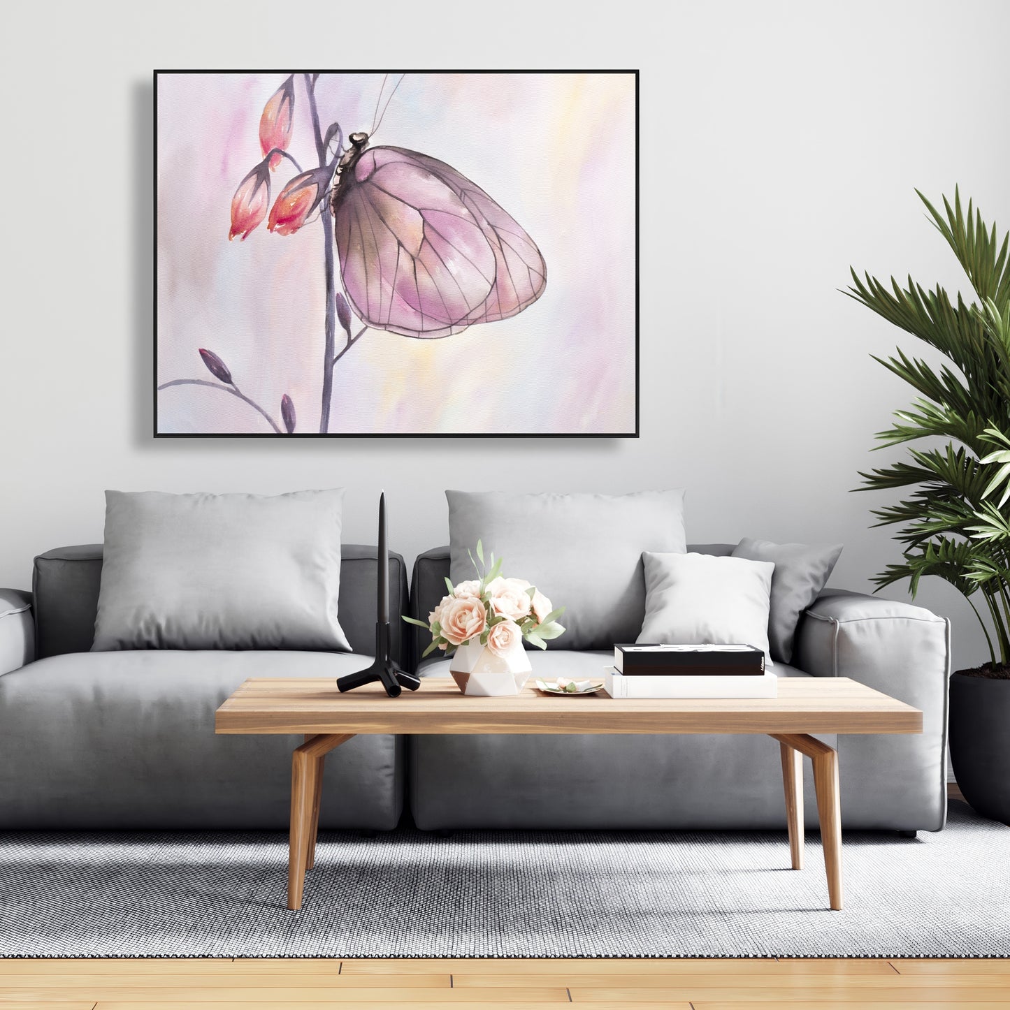 Toile romantique à fleurs violettes - Décoration murale délicate avec papillons