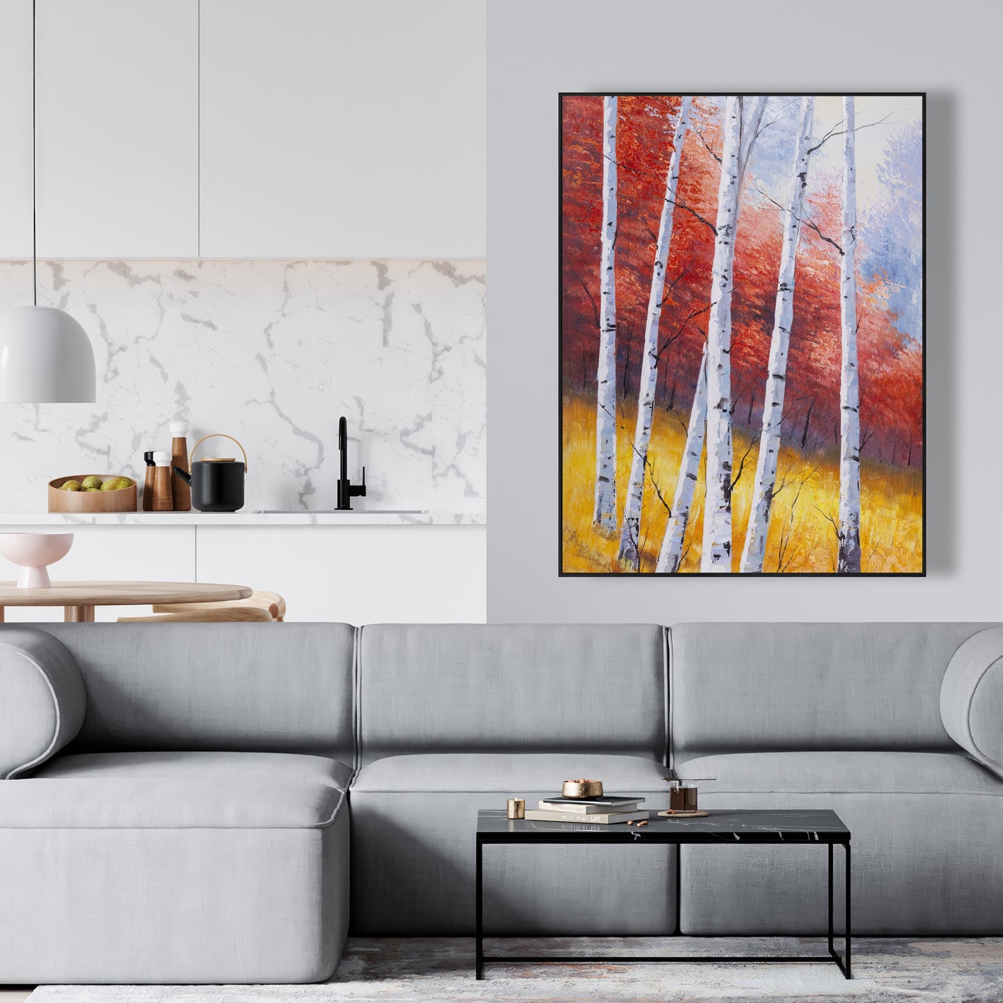 Paysage d'automne avec bouleaux - Toile encadrée pour chambre jaune