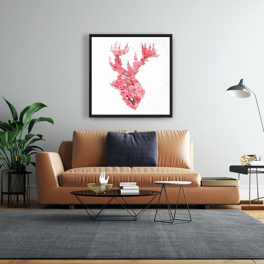 Toile Cerf rose asiatique - Décor cerf avec fleurs de cerisier