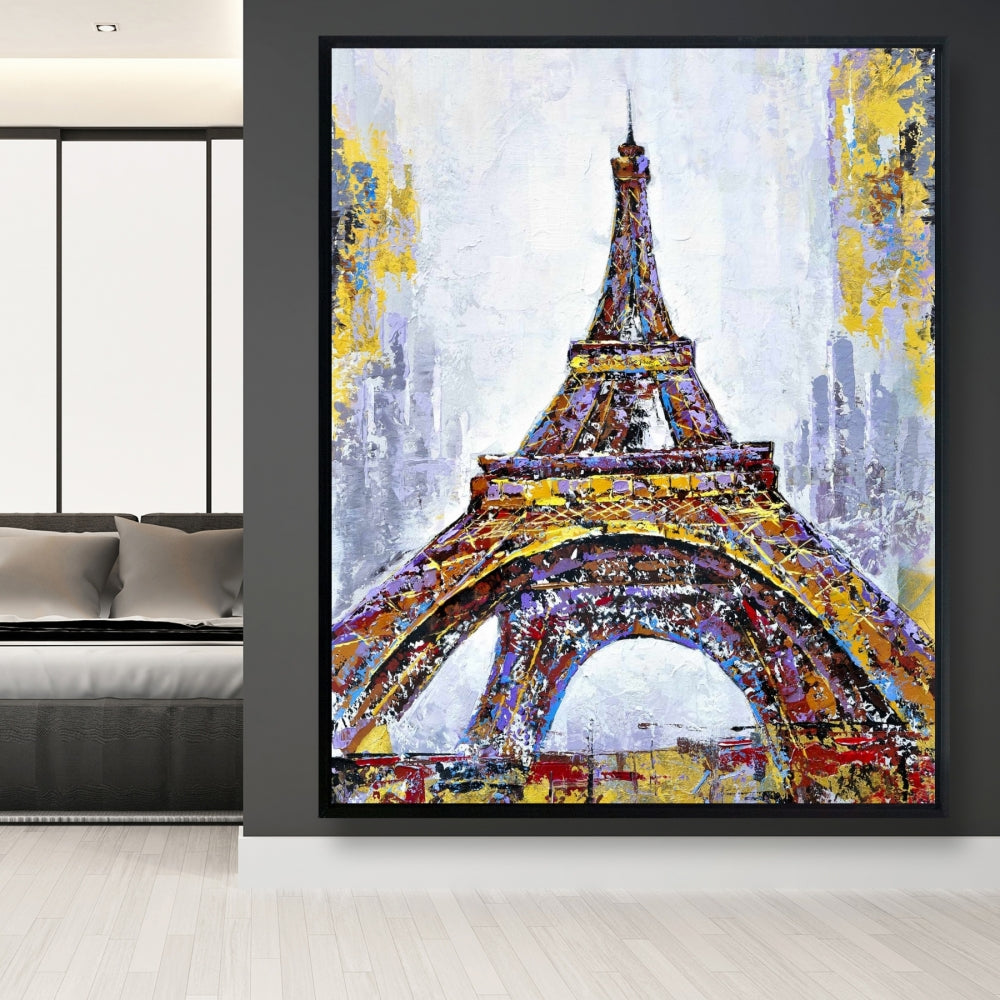 Toile de chambre à coucher avec bâtiment jaune | Peinture abstraite sur la Tour Eiffel