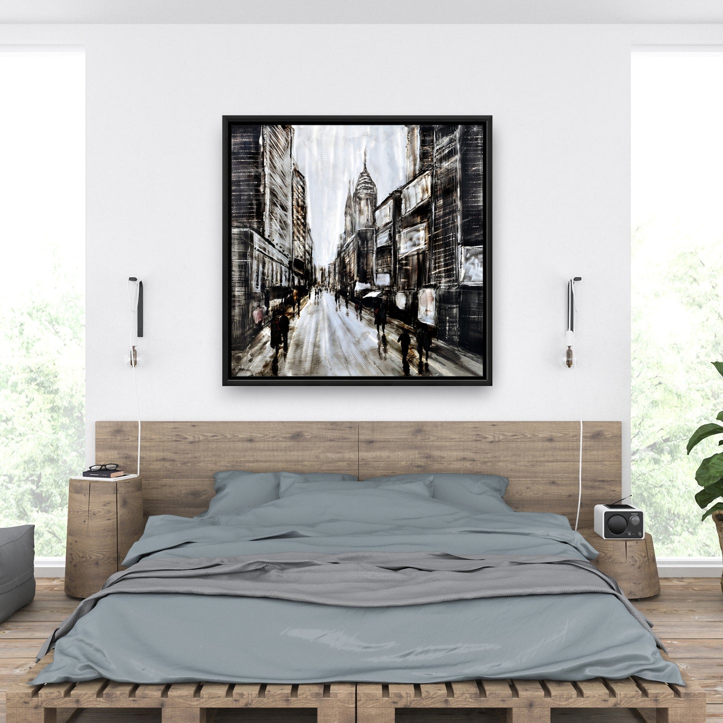 Toile « Rue grise animée » - Cadre marron industriel pour décoration d'intérieur