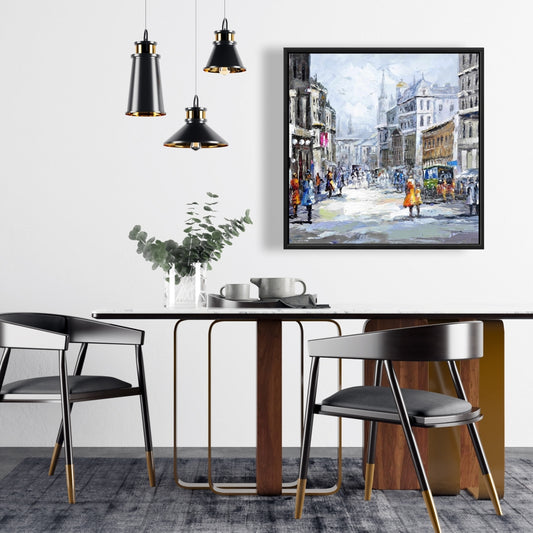 Rue animée par temps nuageux | Décoration murale sur toile bleue pour chambre à coucher