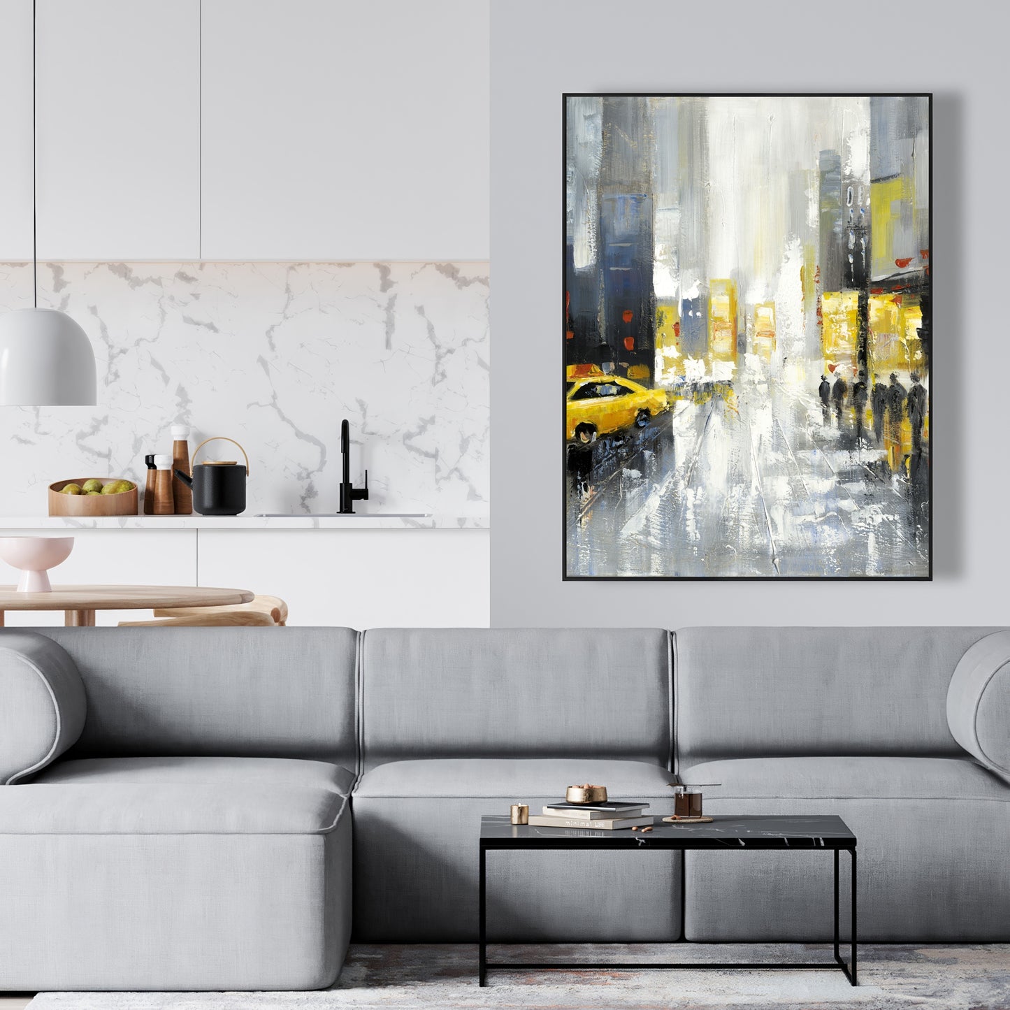 Toile encadrée grise contemporaine - Décoration de rue pluvieuse et animée
