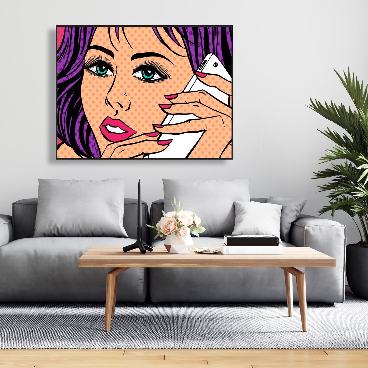 Toile Pop Art : Femme au téléphone – Cadre rétro violet