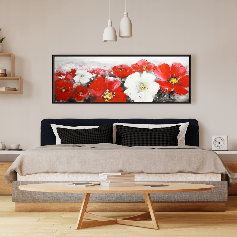 White Contemporary Framed Canvas | Red and White Flowers Field