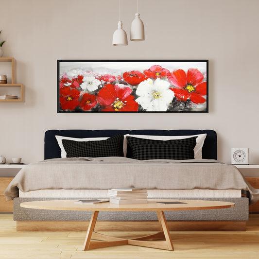 White Contemporary Framed Canvas | Red and White Flowers Field