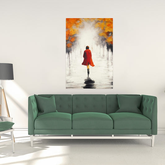 Contemporary Gray Trees Canvas - Woman in Red Coat Home Decor