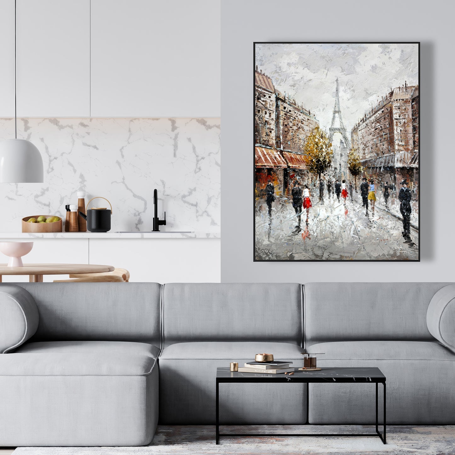 Toile encadrée représentant une rue animée de Paris – Bâtiment brun