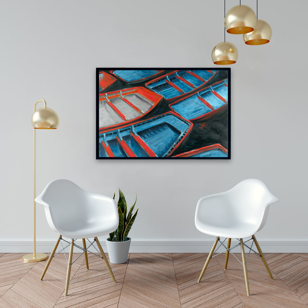 Toile de salle de bain bleu marine | Décor de petits canoës bleus et rouges