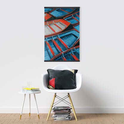 Small Blue and Red Canoes Bathroom Decor | Coastal Canvas Art
