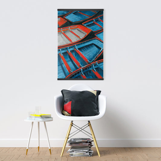 Small Blue and Red Canoes Bathroom Decor | Coastal Canvas Art