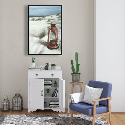 Lantern on the Beach | Red Framed Canvas Art for Home Decor