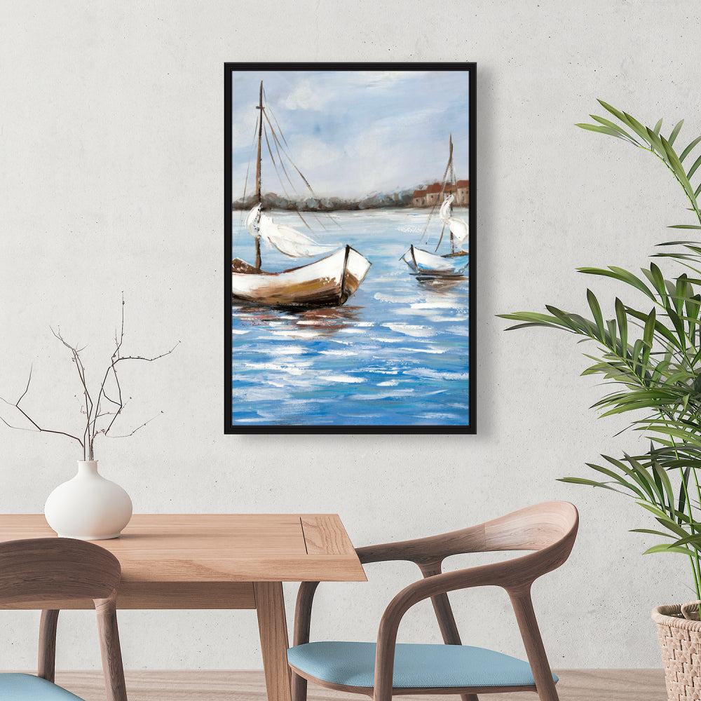 Toile encadrée bleu côtier | Décor deux bateaux sur l'eau