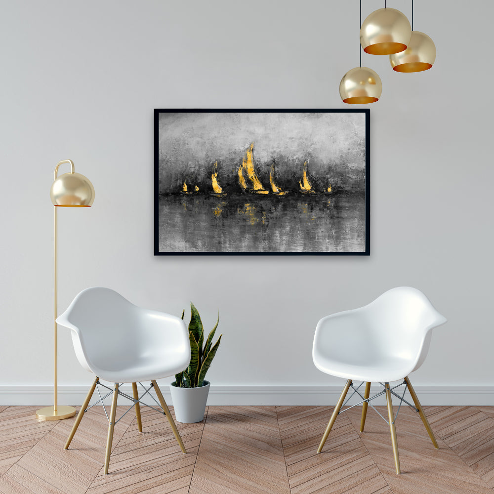 Toile de voiliers dorés | Décoration murale abstraite moderne pour chambre à coucher