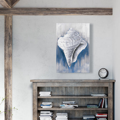Blue Conical Shell Canvas - Coastal Bathroom Decor Artwork